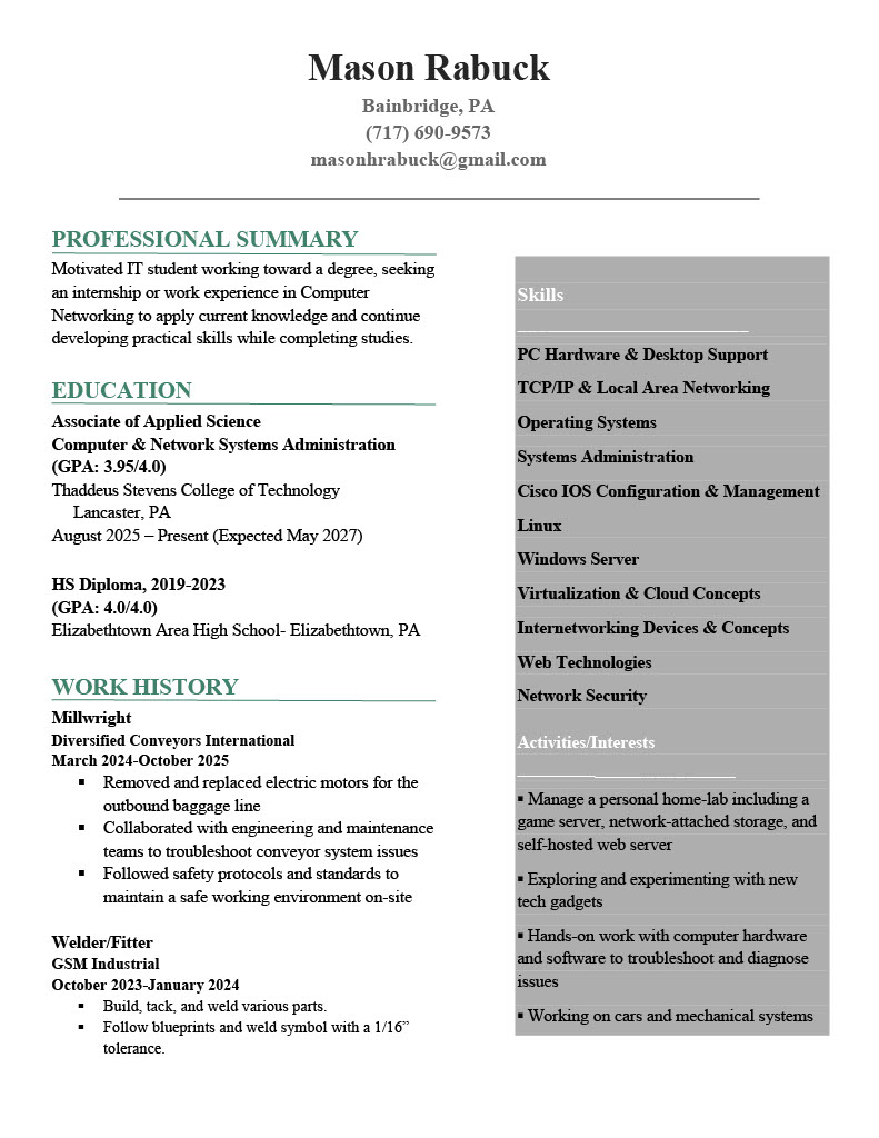 Resume of Mason Rabuck